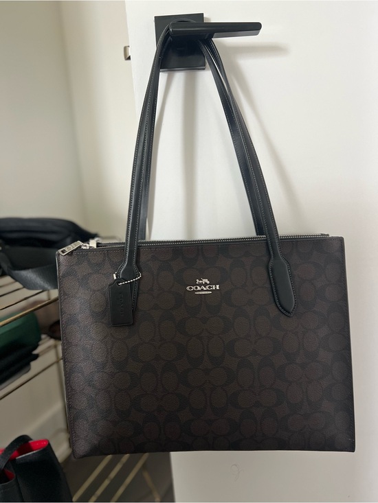 Coach Handbags - COACH Dark Brown Signature Zip Tote with Black Trim